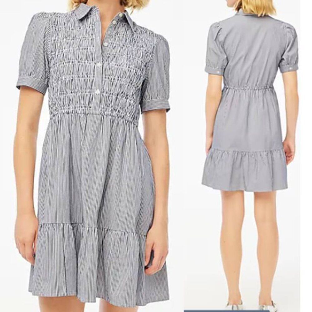 J Crew Women's Mini Shirt Dress Striped Smocked Cotton Preppy Babydoll Size XL